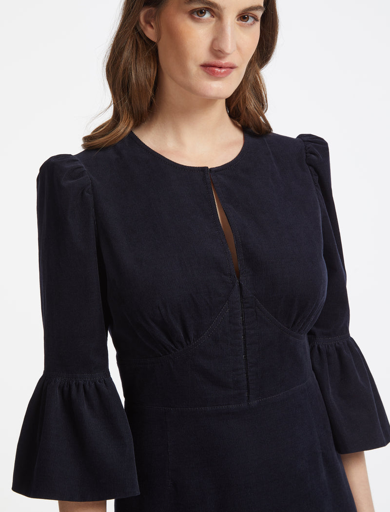 Daphne Pin Corduroy Round Neck Maxi Dress - Navy