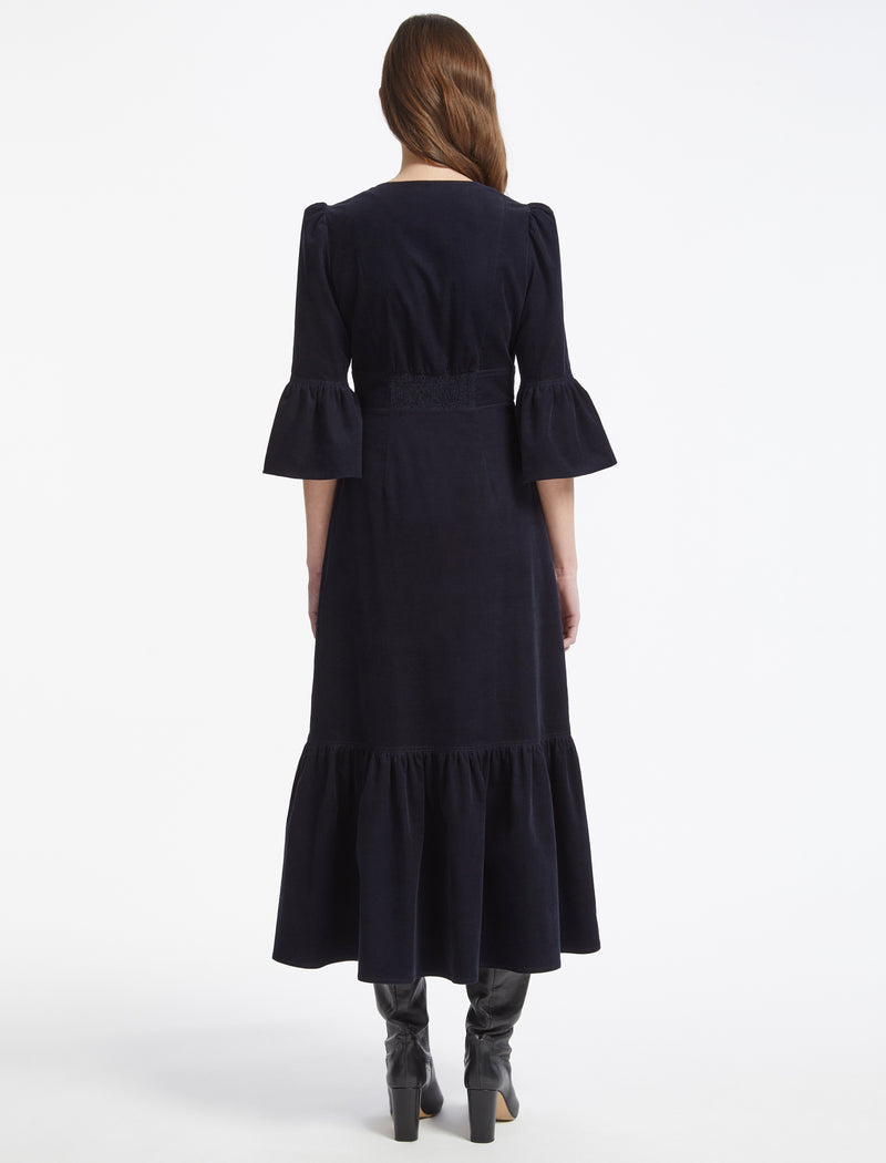 Daphne Pin Corduroy Round Neck Maxi Dress - Navy