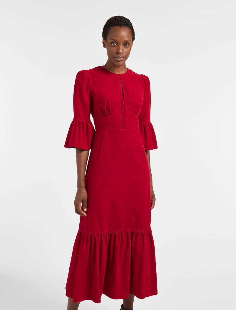 Daphne Pin Corduroy Round Neck Maxi Dress - Red