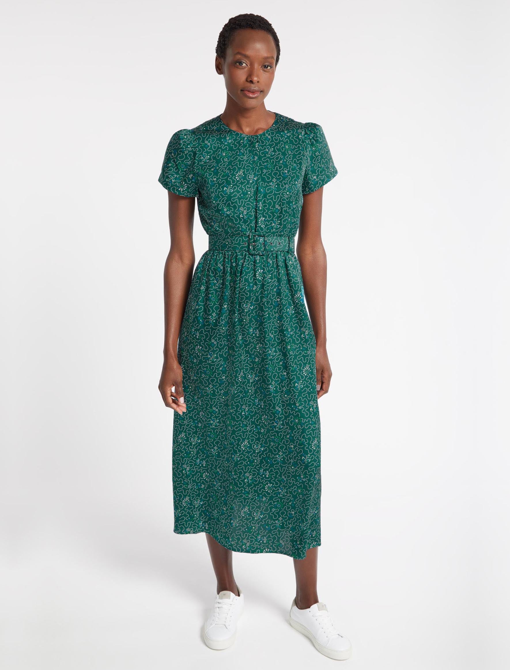 Nina Short Sleeve Gathered Maxi Dress With Belt In Green White
