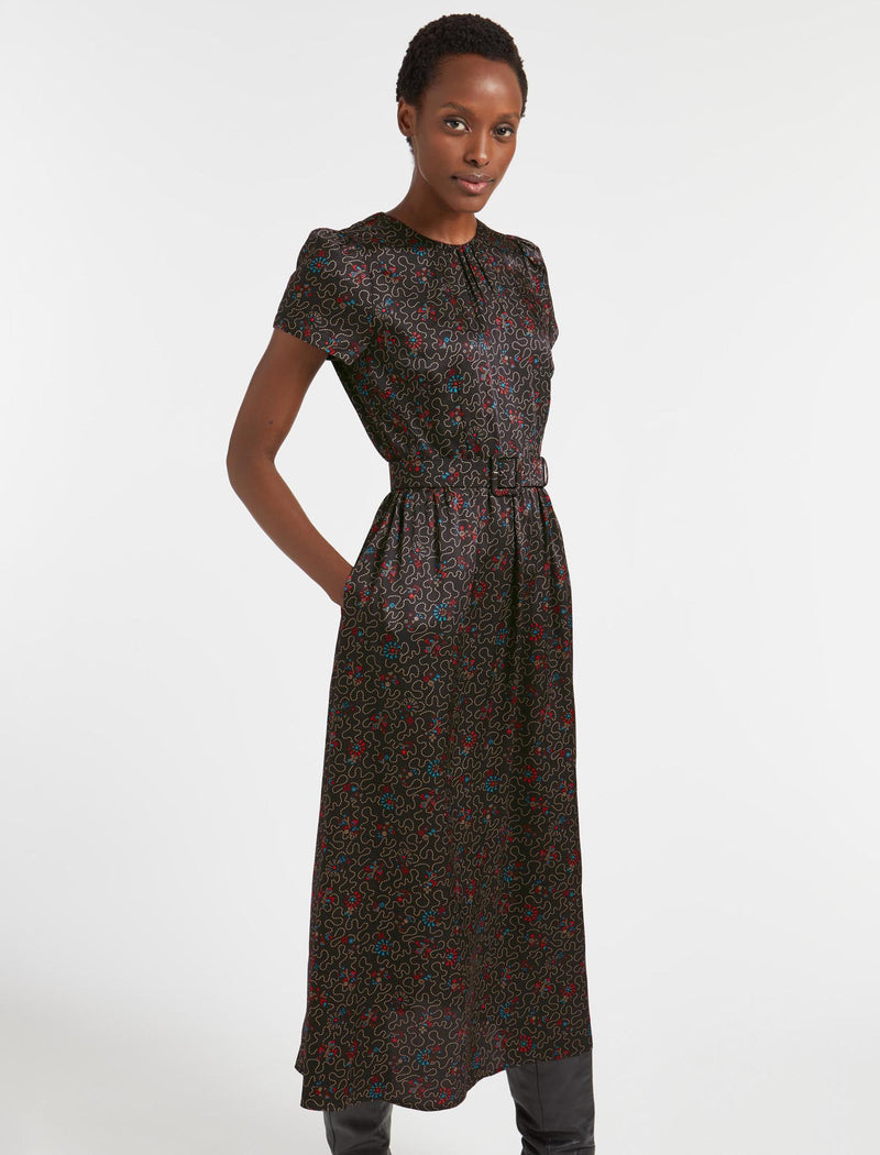 Nina Maxi Dress with Belt - Red Blue Wiggle Print