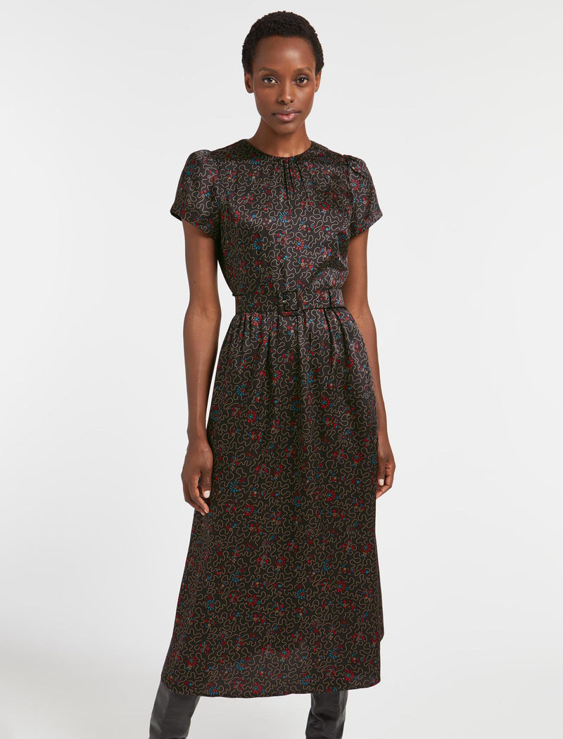 Nina Maxi Dress with Belt - Red Blue Wiggle Print