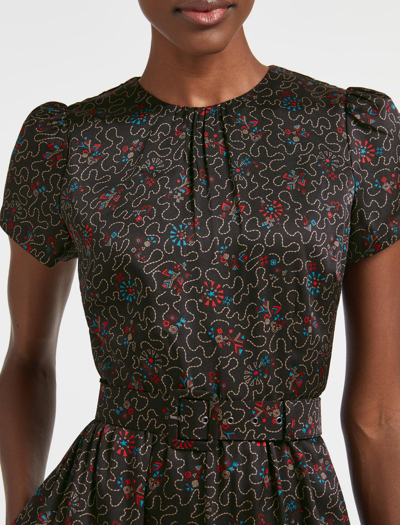 Nina Maxi Dress with Belt - Red Blue Wiggle Print