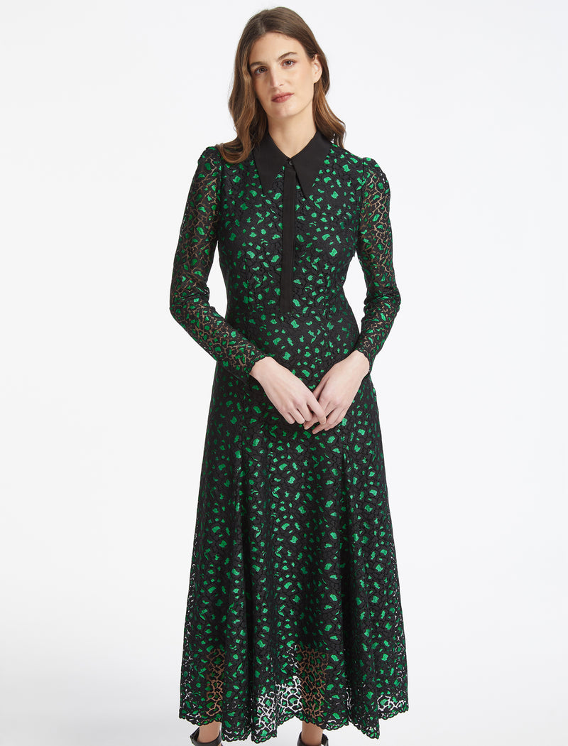Hira Lace Maxi Dress - Emerald Green Black