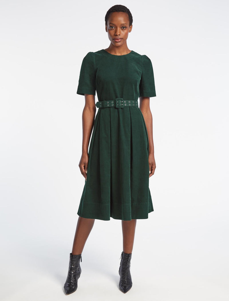 Felicity Pin Corduroy Midi Short Sleeve Box Pleat Dress With Belt In ...