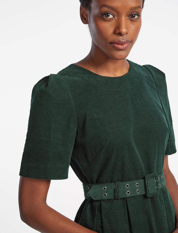 Felicity Pin Corduroy Midi Dress with Belt - Forest Green
