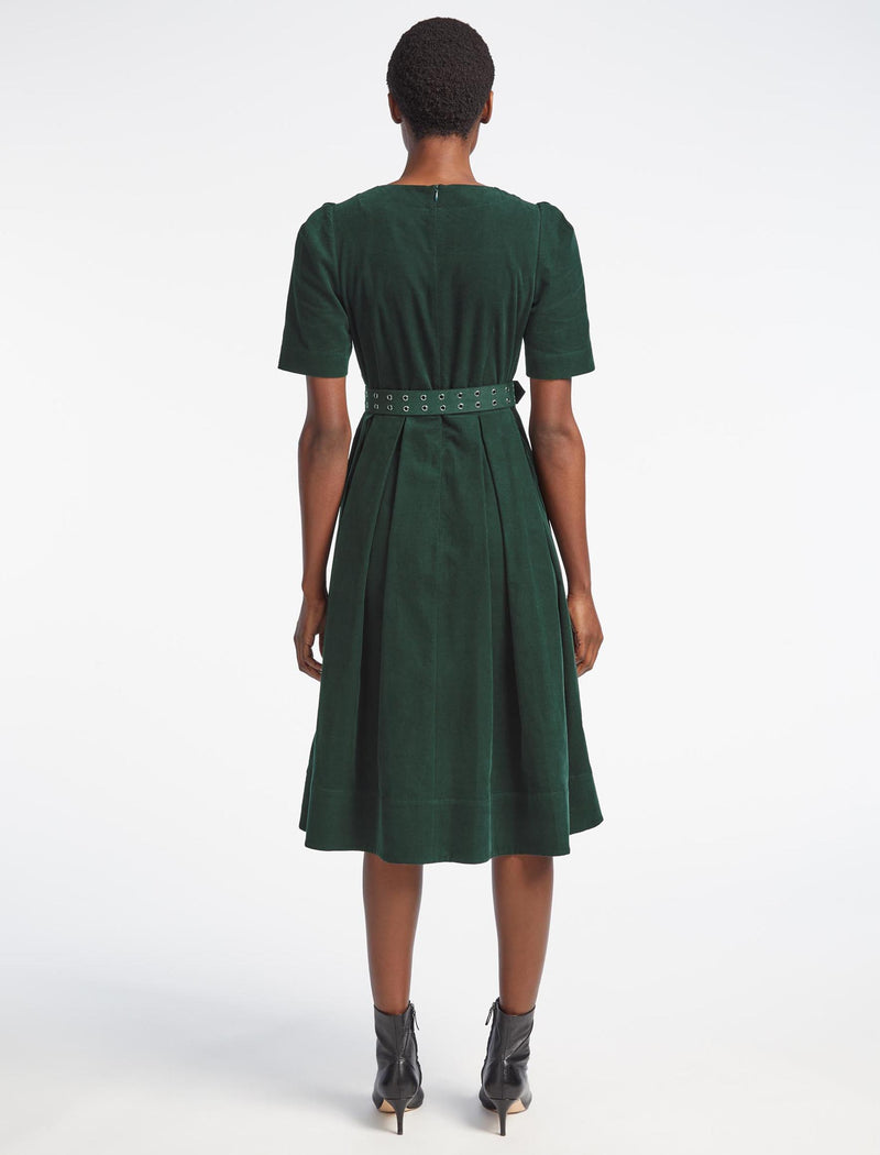 Felicity Pin Corduroy Midi Dress with Belt - Forest Green
