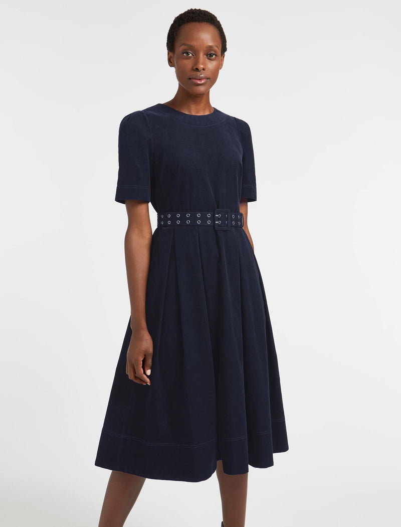 Felicity Pin Corduroy Midi Dress with Belt - Navy