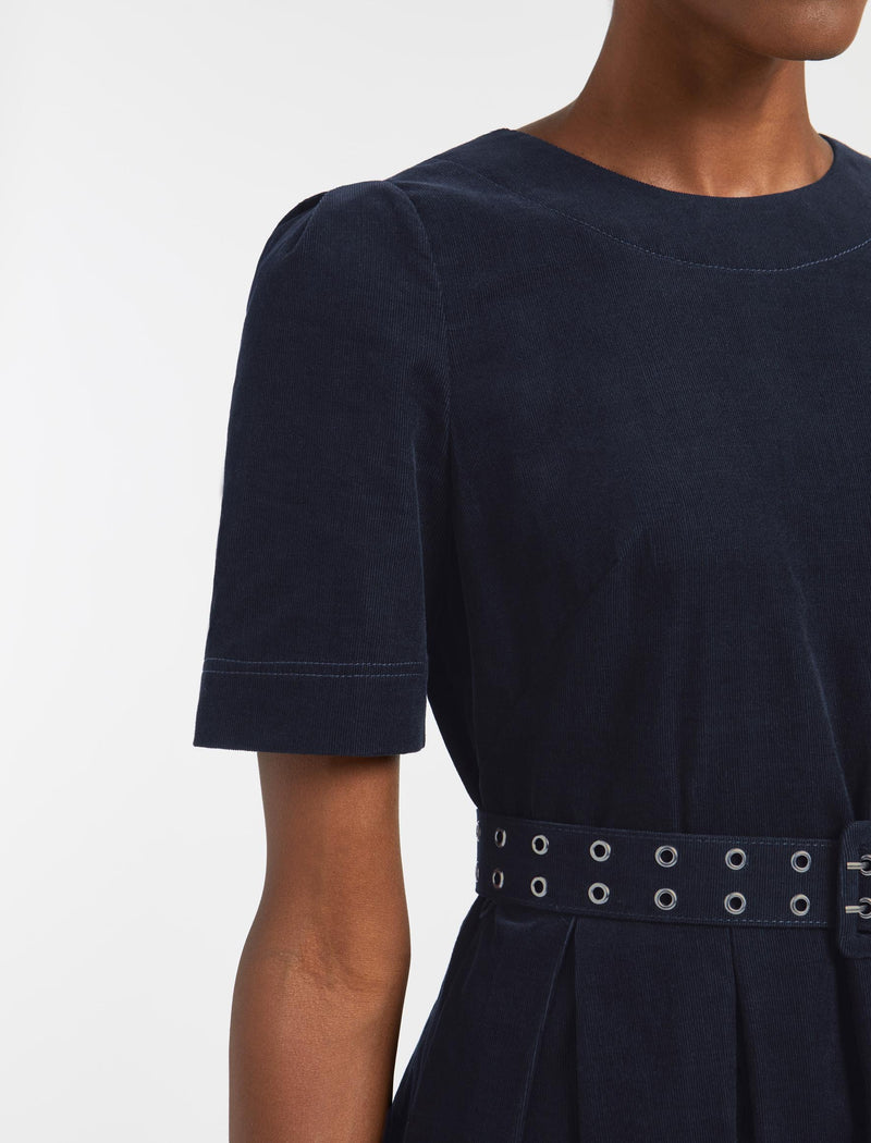 Felicity Pin Corduroy Midi Dress with Belt - Navy