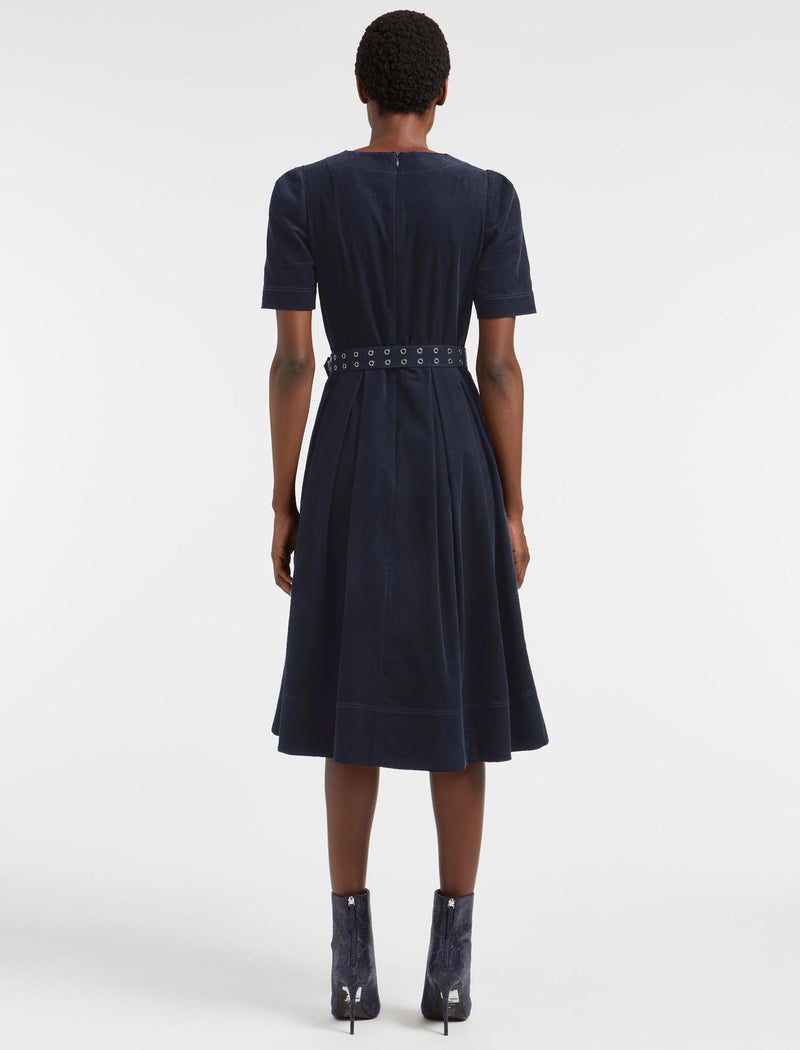 Felicity Pin Corduroy Midi Dress with Belt - Navy