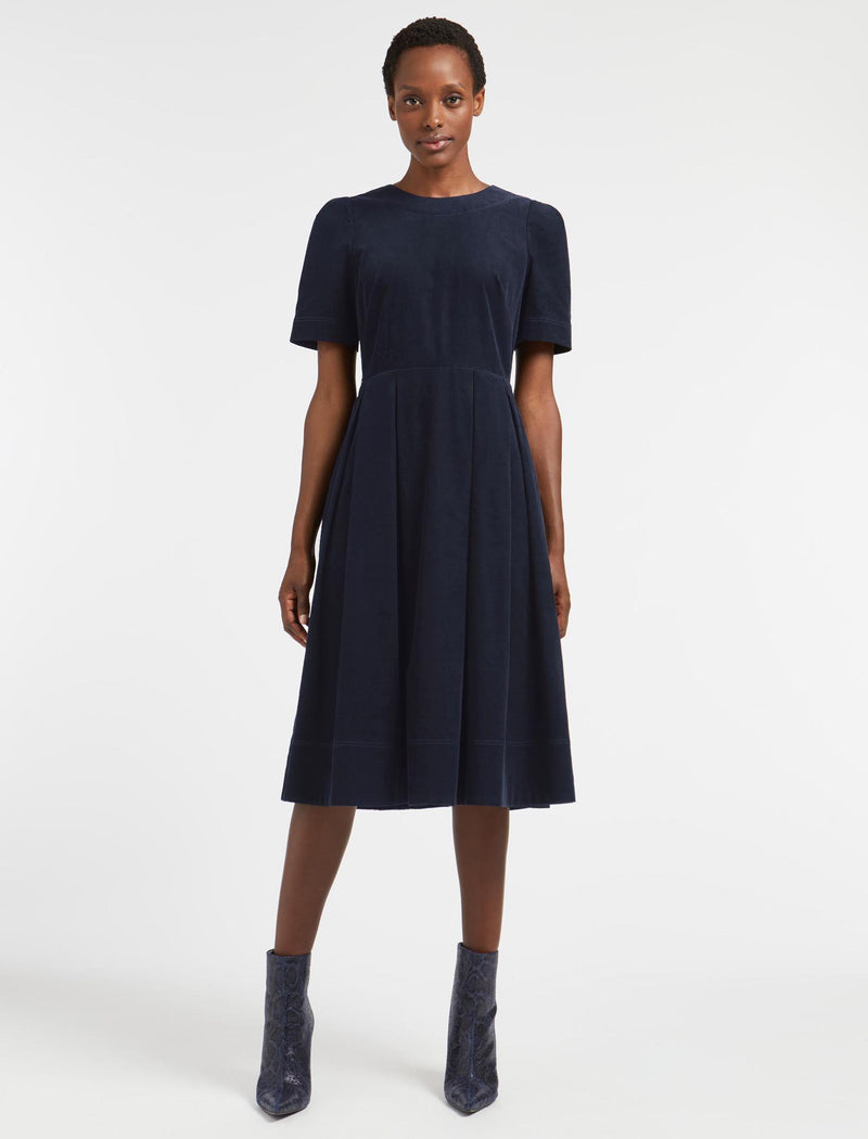 Felicity Pin Corduroy Midi Dress with Belt - Navy
