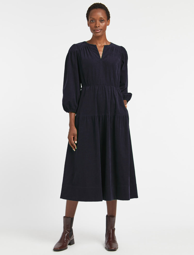 Erica Pin Corduroy Midi Dress - Navy