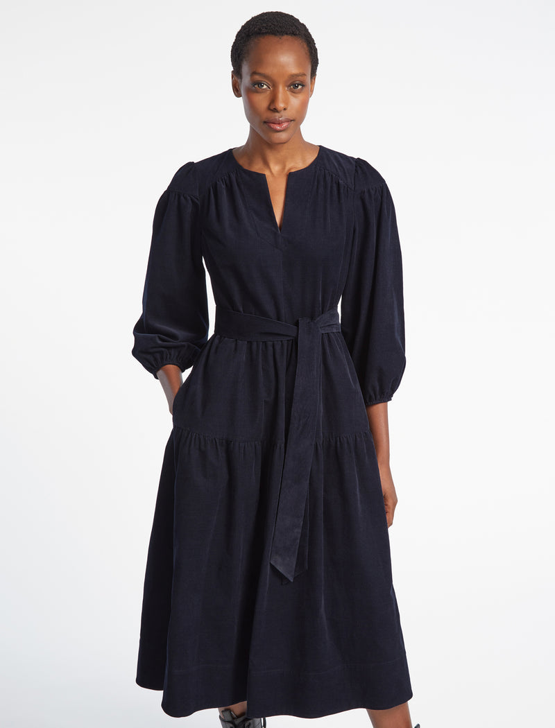 Erica Pin Corduroy Midi Dress - Navy
