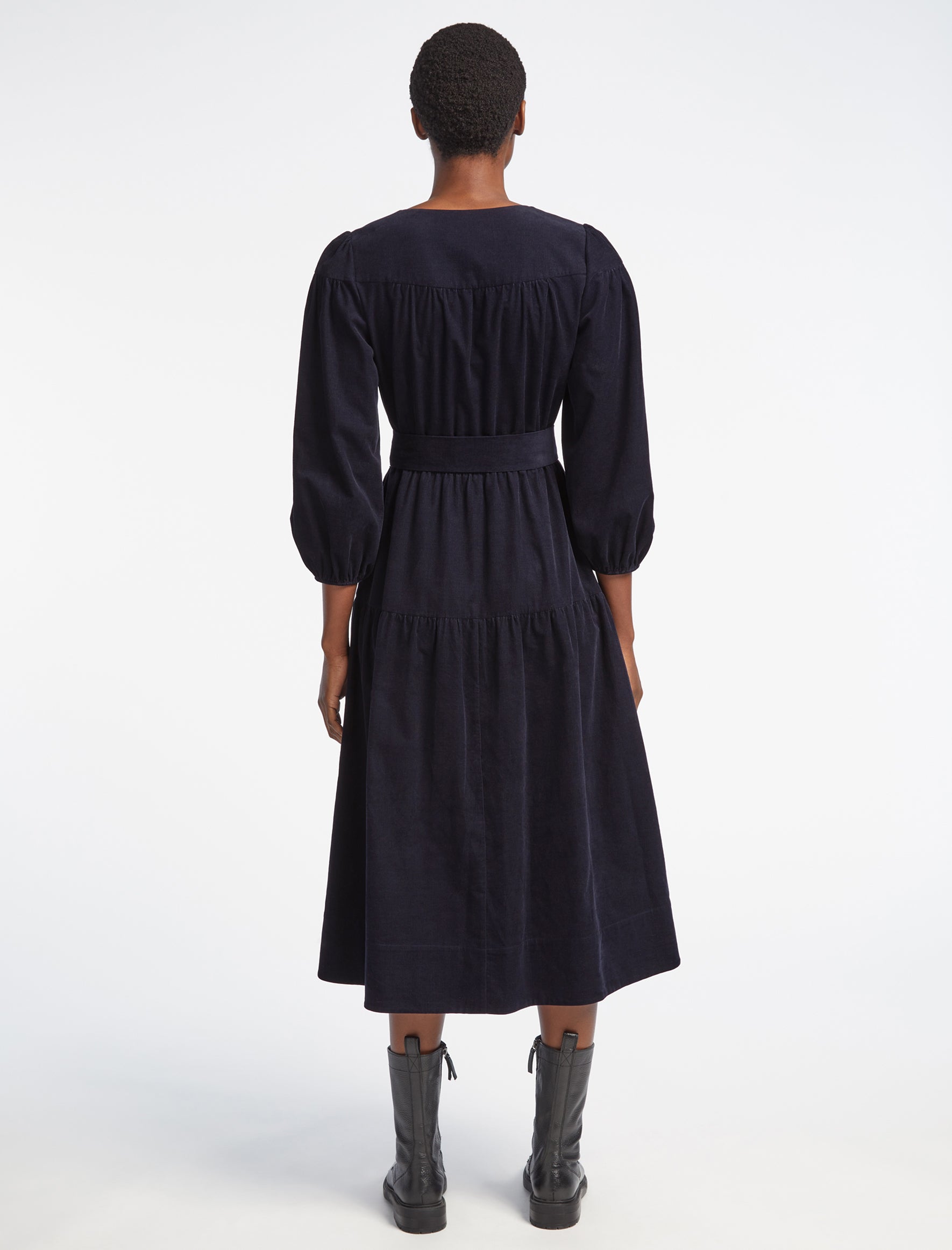 Erica Pin Corduroy Tiered Gathered Detail Midi Dress With 3 4