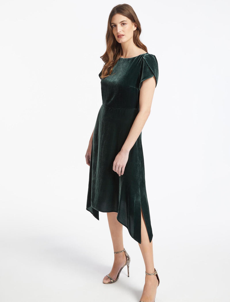 Emily Velvet Tulip Sleeve Boat Neck Midi Dress In Green