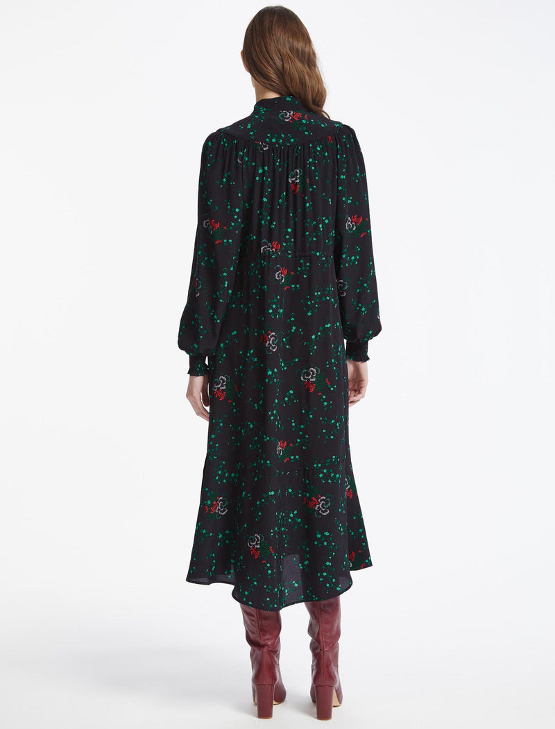 Zahra Silk Drawstring Maxi Dress - Black Lotus Print