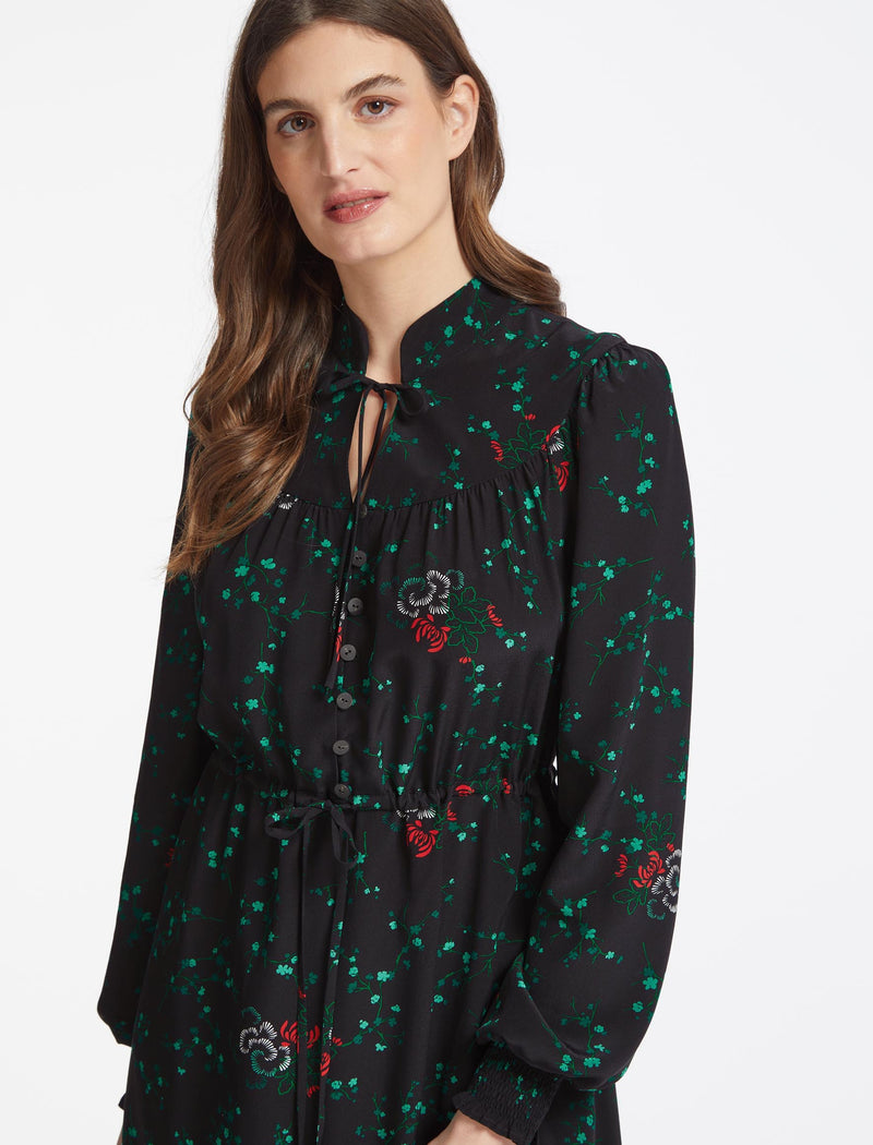 Zahra Silk Drawstring Maxi Dress - Black Lotus Print