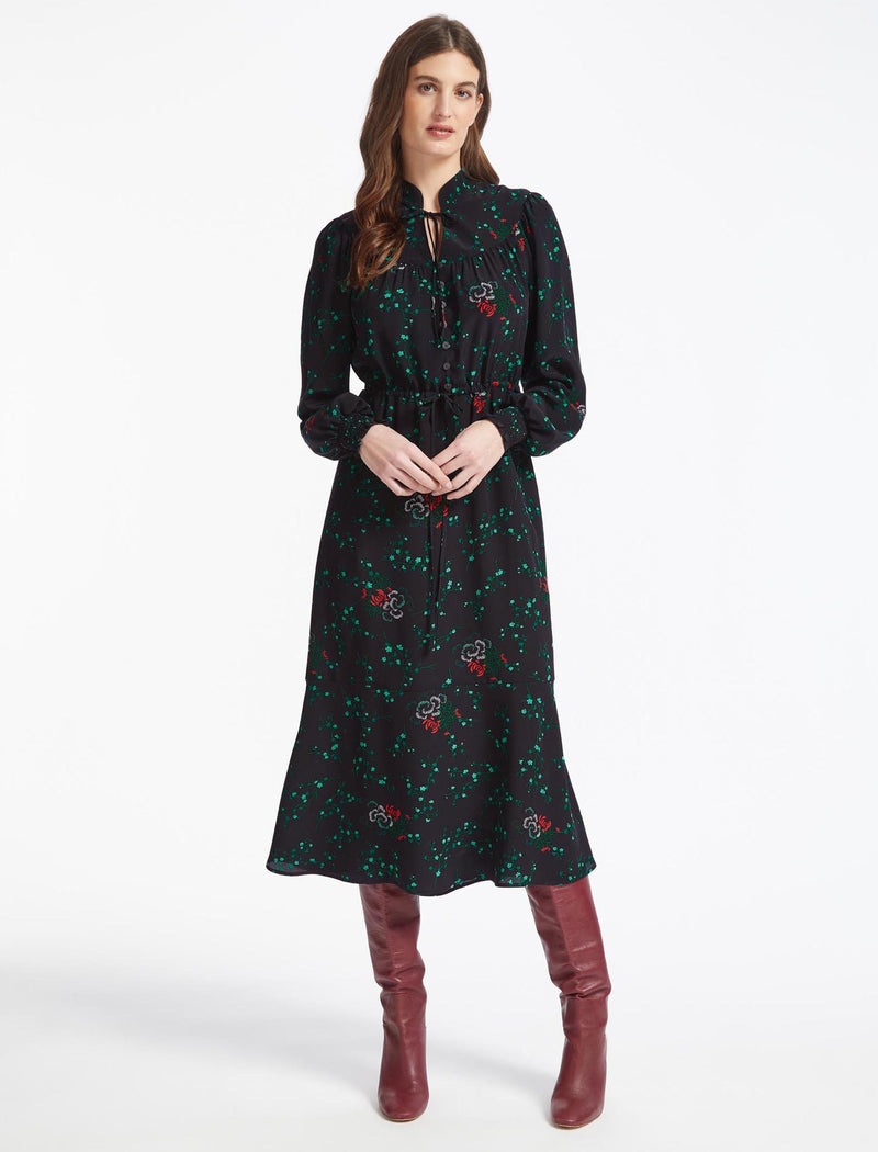Zahra Silk Drawstring Maxi Dress - Black Lotus Print