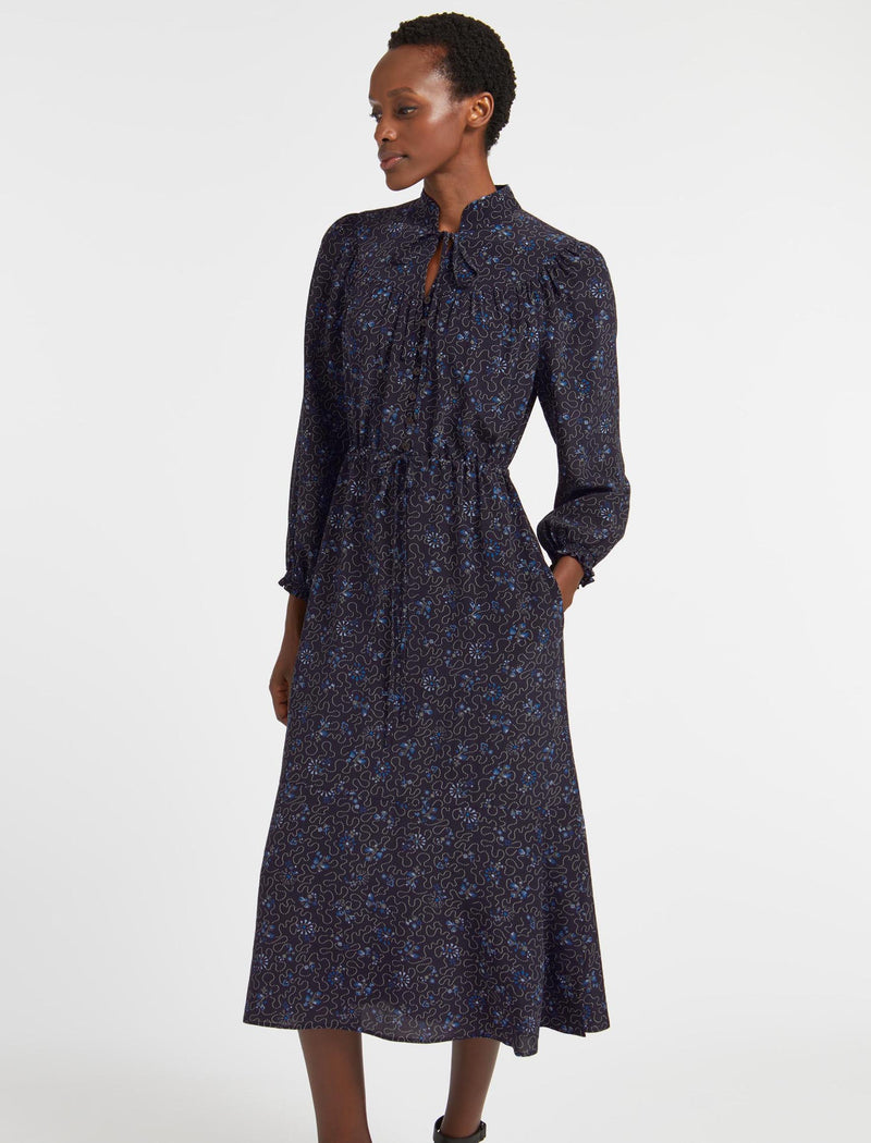 Zahra Raglan Sleeve Collared Midi Dress With Drawstring Waist Navy Blue ...
