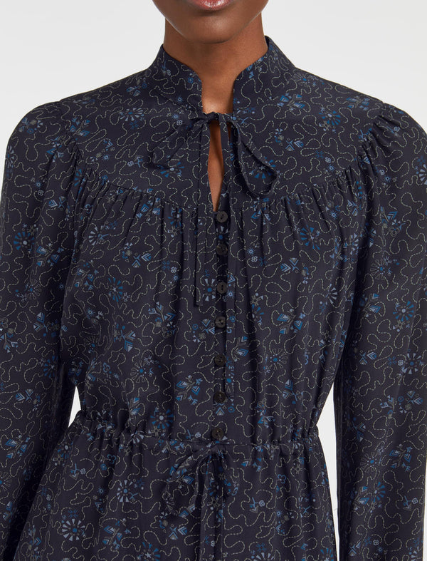 Zahra Silk Drawstring Maxi Dress - Navy Blue Wiggle Print