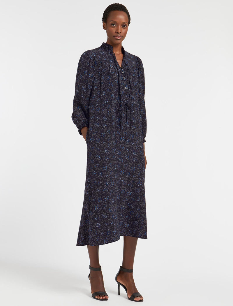 Zahra Silk Drawstring Maxi Dress - Navy Blue Wiggle Print