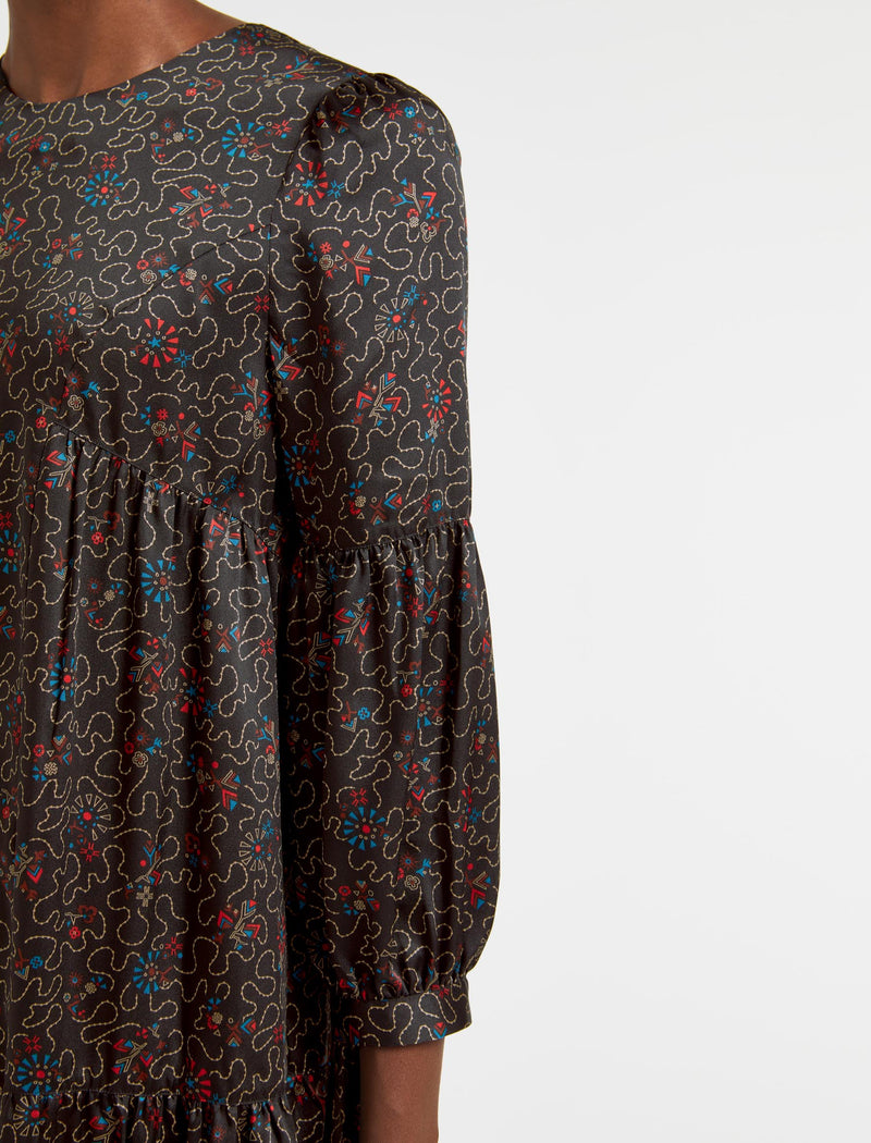 Hester Trapeze Midi Dress - Red Blue Wiggle Print