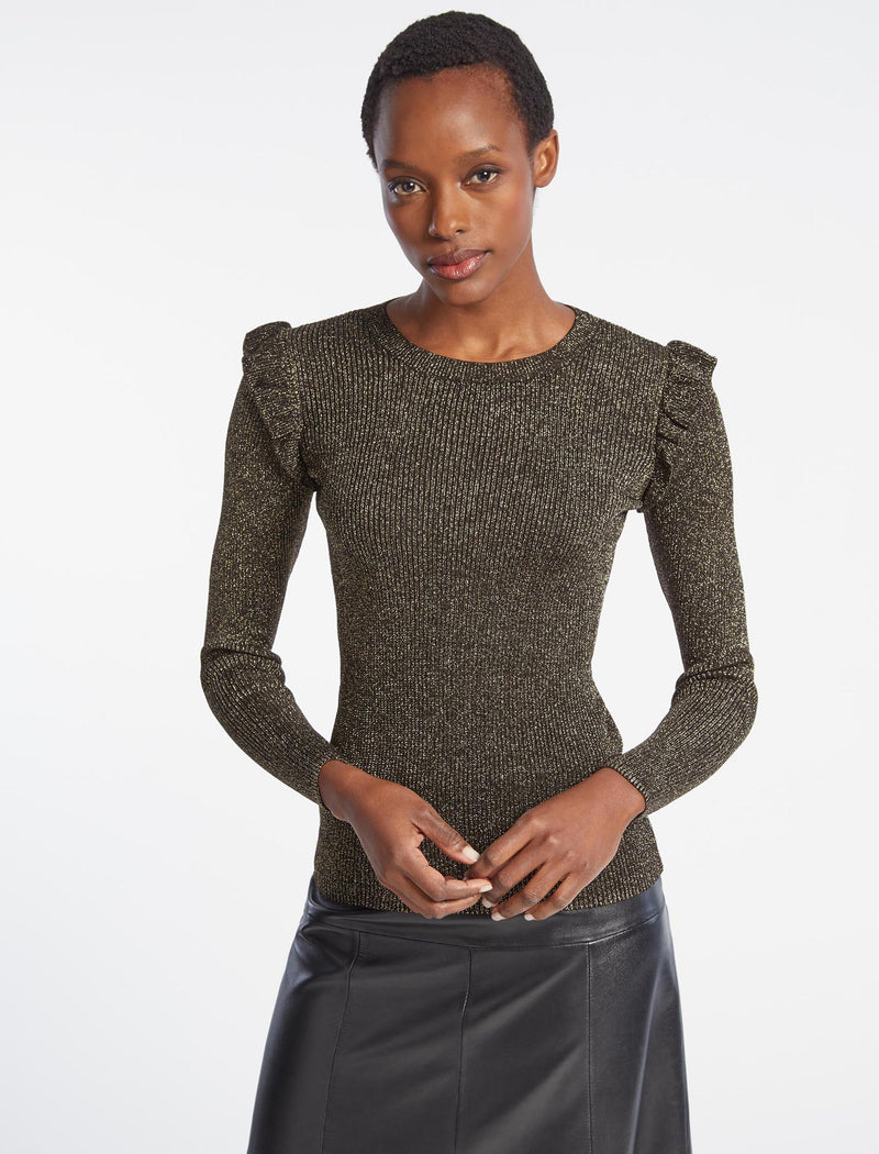 Jessie Lurex Metallic Long Sleeve Crew Neck Jumper With Frill Shoulder Detail In Dark Gold