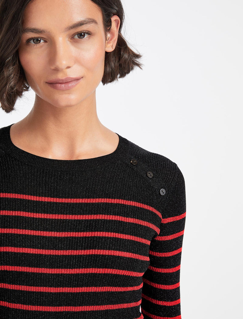Frieda Lurex Button Detail Crew Neck Jumper In Emerald Green Black