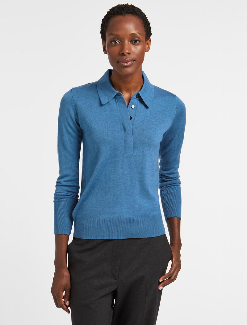 Josie Wool Collared Mid Weight Jumper In Mid Blue