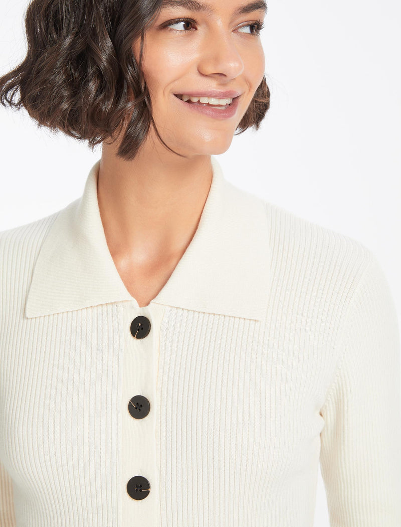 Kelis Wool Rib Knit Cardigan - Cream