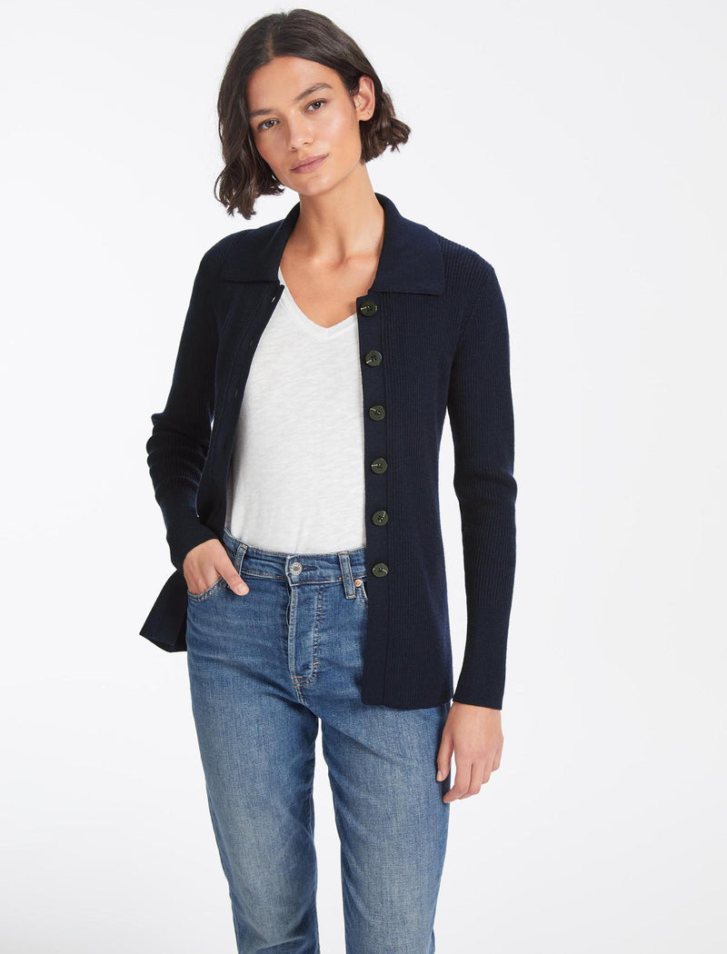 Kelis Wool Rib Knit Cardigan - Navy