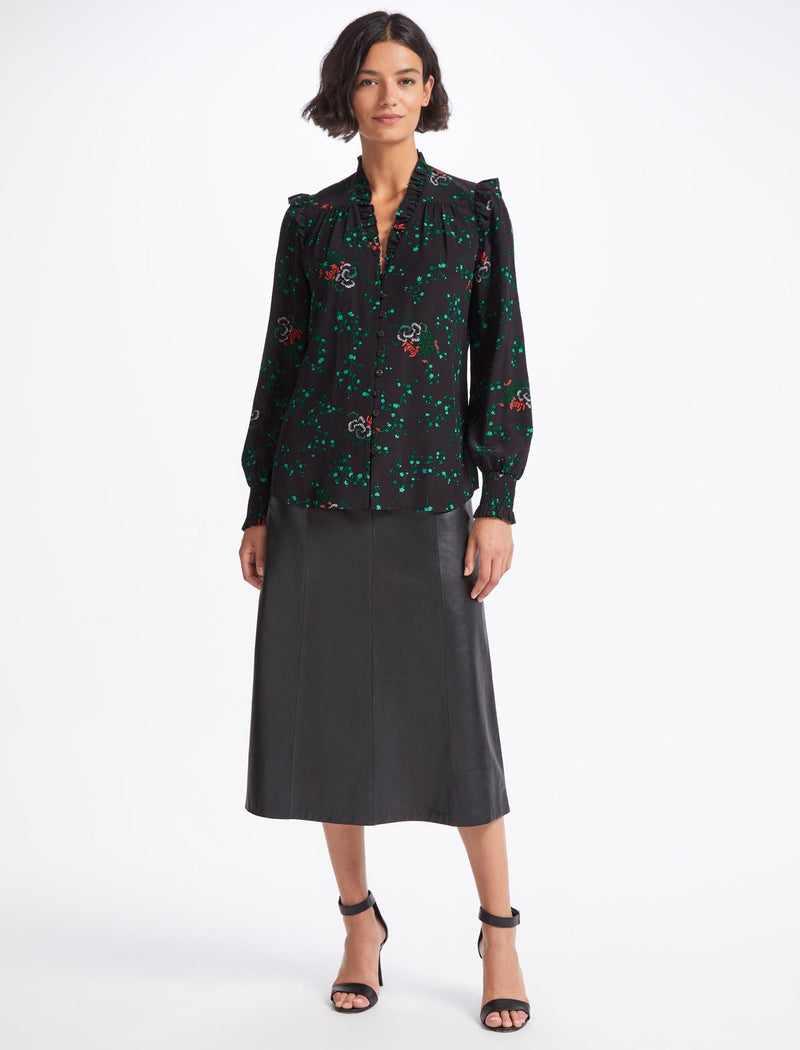 Stella Silk Shirt - Black Lotus Print