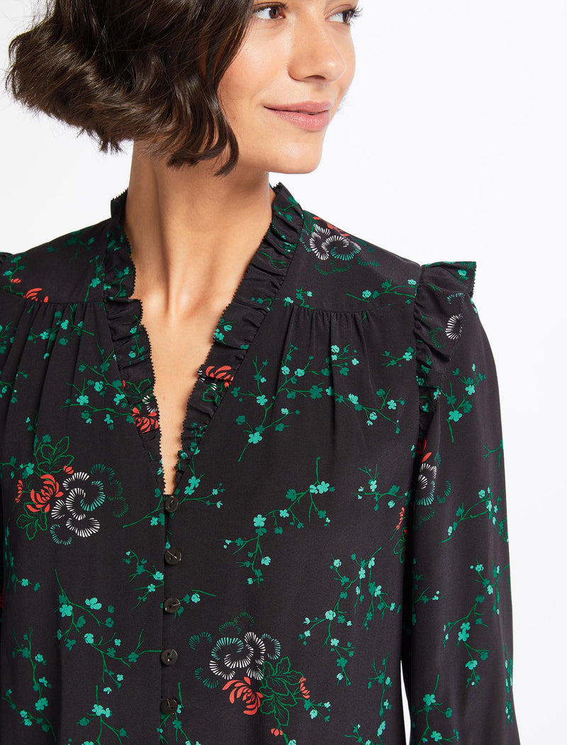 Stella Silk Shirt - Black Lotus Print