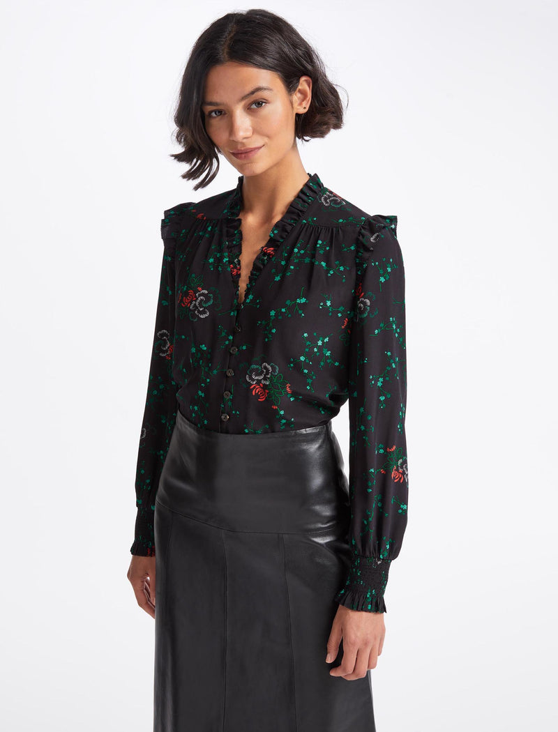 Stella Silk Shirt - Black Lotus Print