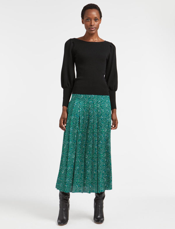 Savannah Pleated Maxi Skirt - Green White Wiggle Print