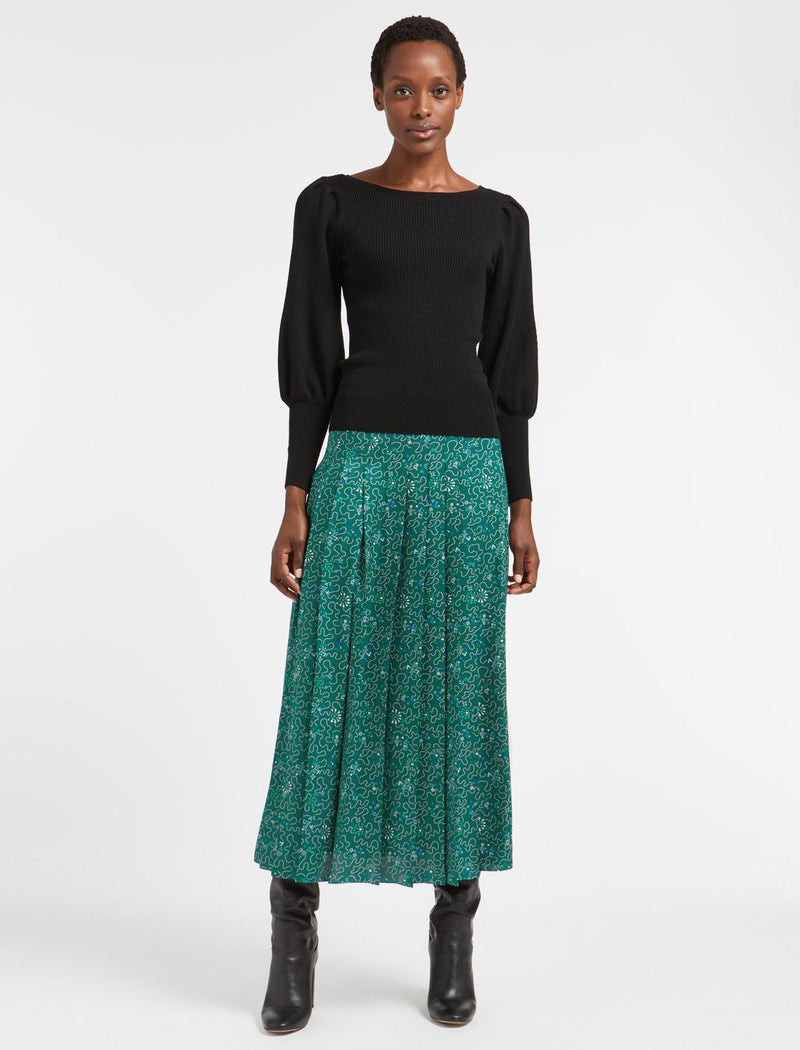 Savannah Recycled Fixed Pleated Maxi Skirt In Green White Wiggle Print