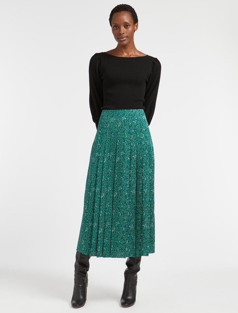 Savannah Pleated Maxi Skirt - Green White Wiggle Print