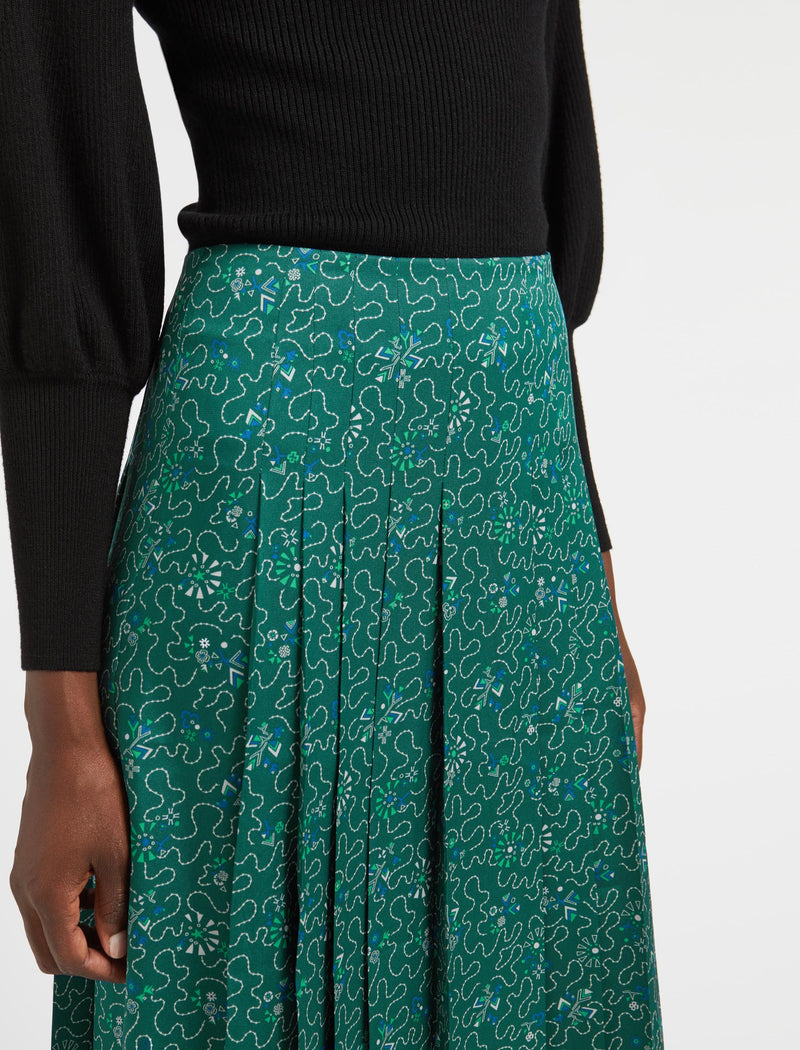 Savannah Pleated Maxi Skirt - Green White Wiggle Print