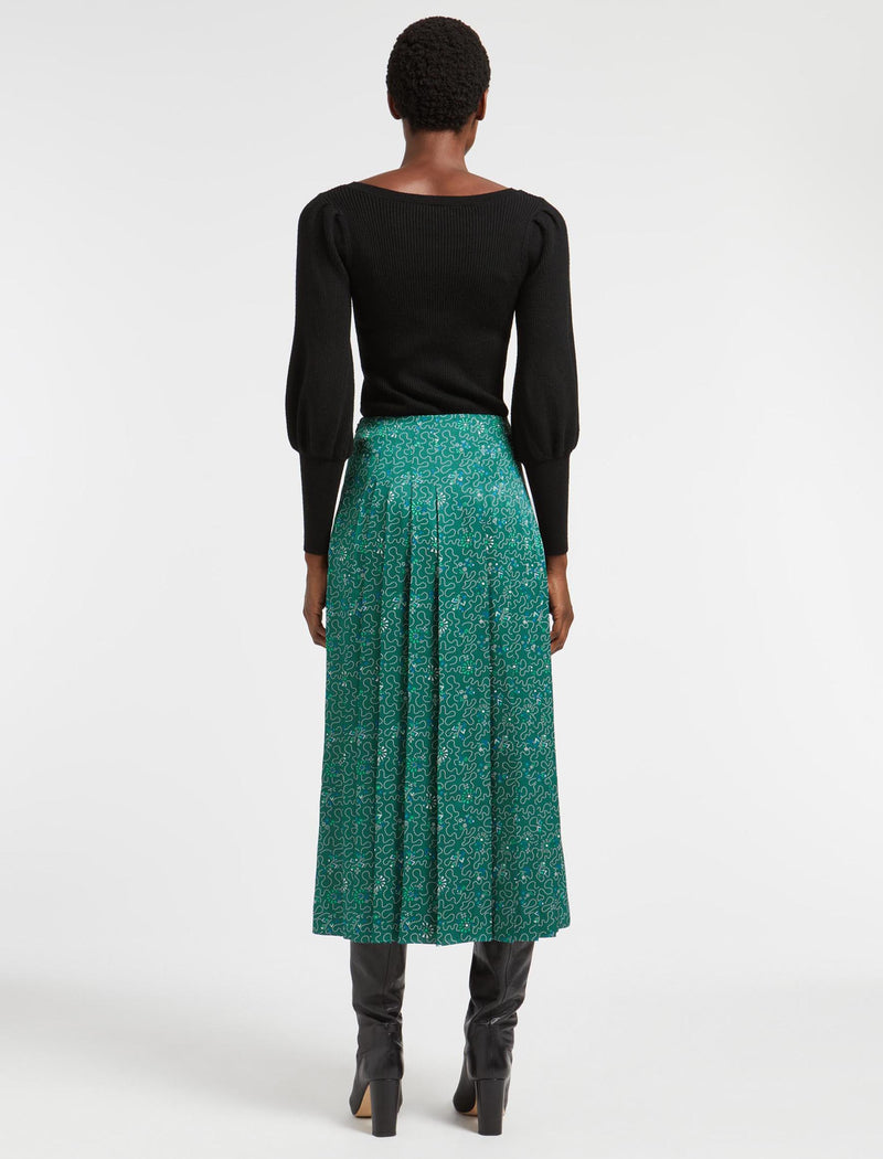 Savannah Pleated Maxi Skirt - Green White Wiggle Print