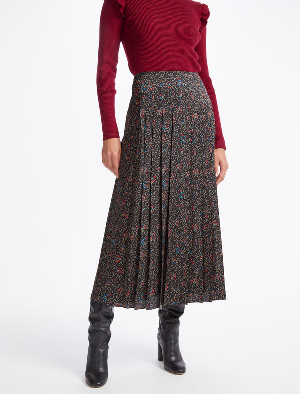 Savannah Pleated Maxi Skirt - Red Blue Wiggle Print