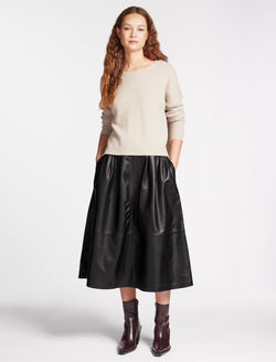 Saffron Leather Midi Skirt with Pleat Detail - Black