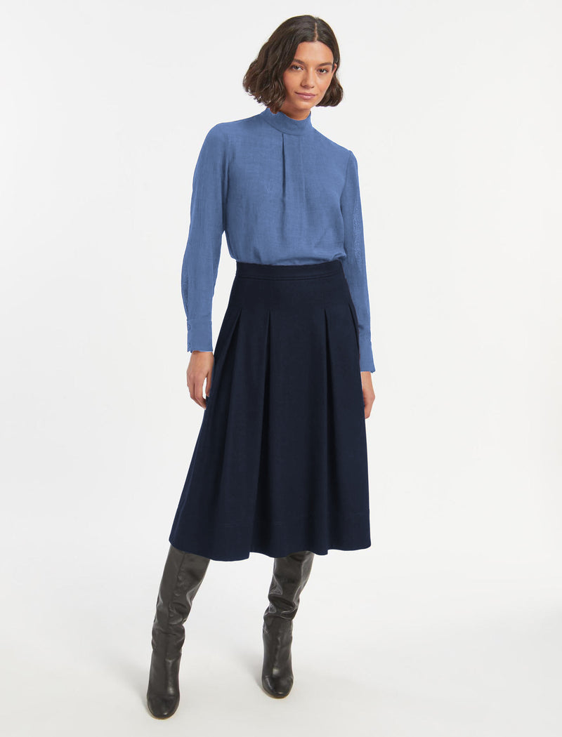 Saffron Felted Wool Full Midi Skirt With Pleat Detail In Navy
