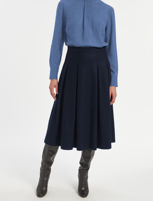 Saffron Felted Wool Pleated Midi Skirt - Navy