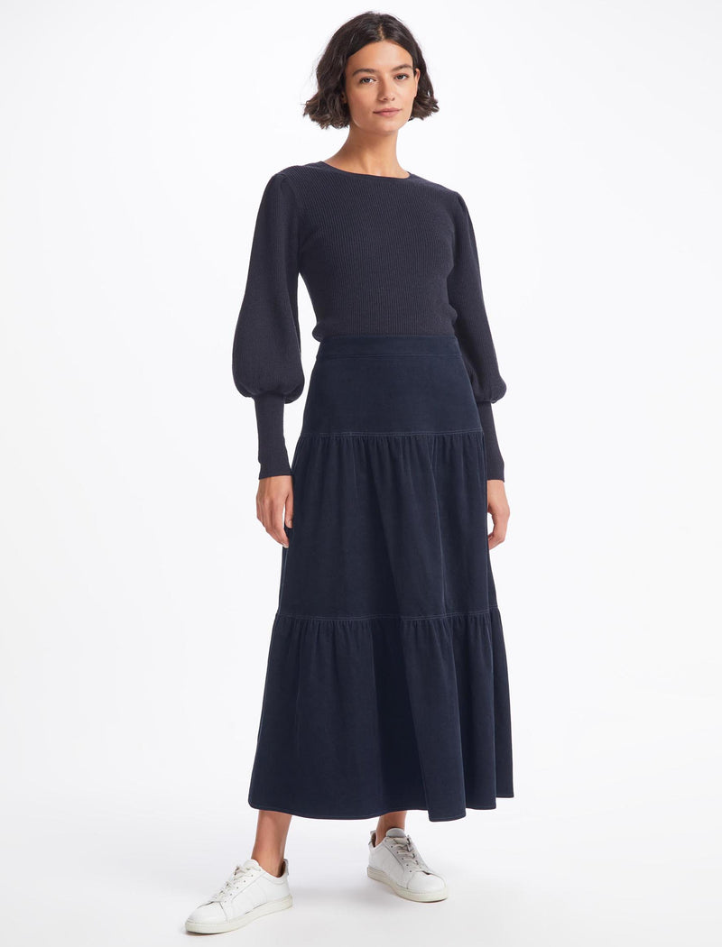 Marta Pin Corduroy Tiered Gathered Maxi Skirt With Dropped Waist