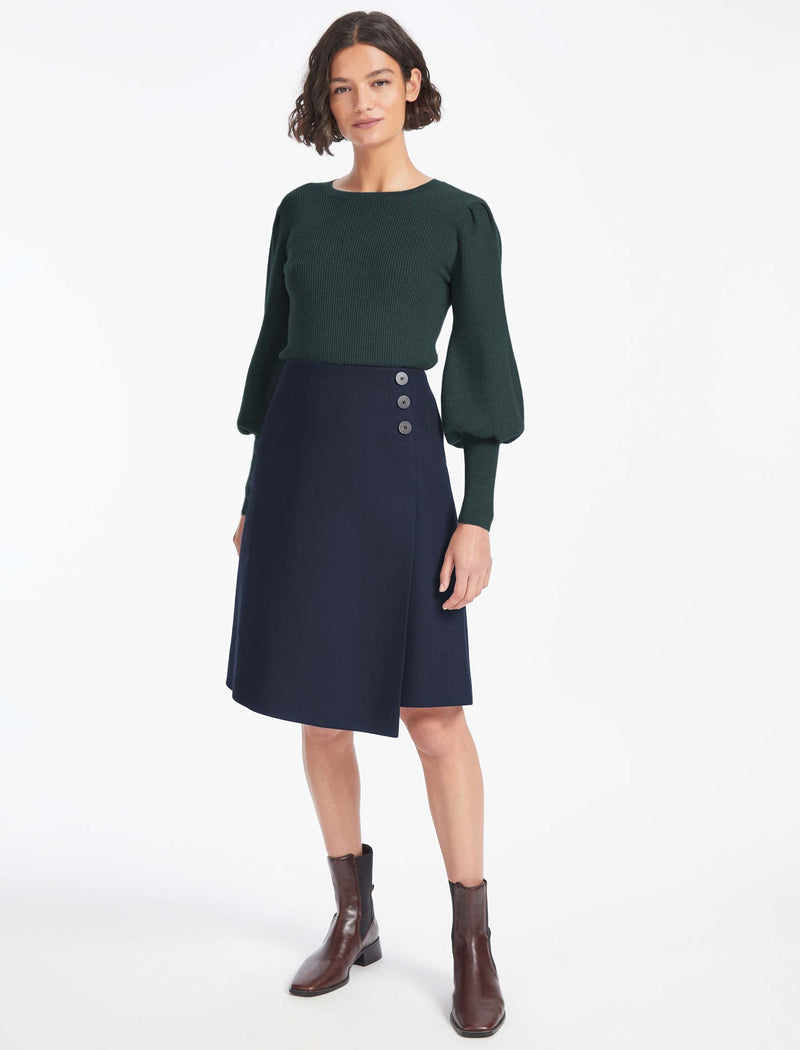 Audrey Felted Wool A Line Pill Free Skirt In Navy Dry Clean Wool Blend