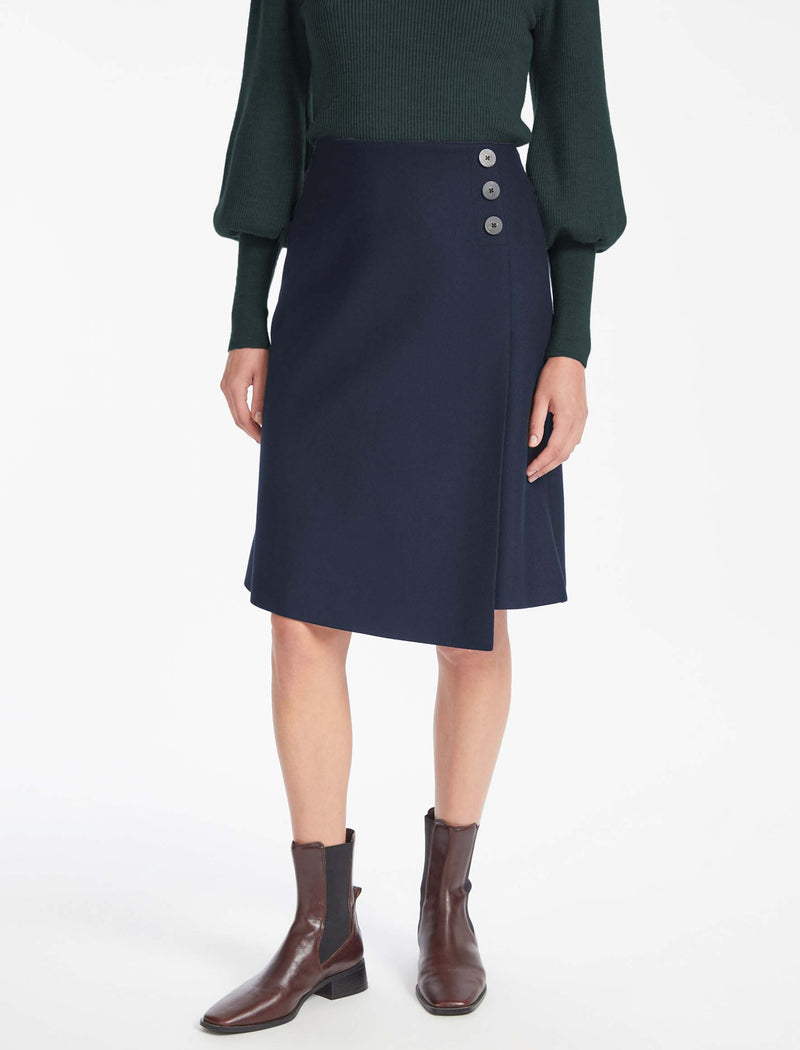 Audrey Felted Wool A Line Pill Free Skirt In Navy Dry Clean Wool Blend