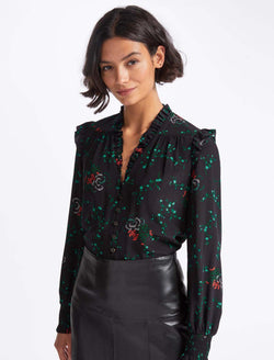 Stella Silk Shirt - Black Lotus Print