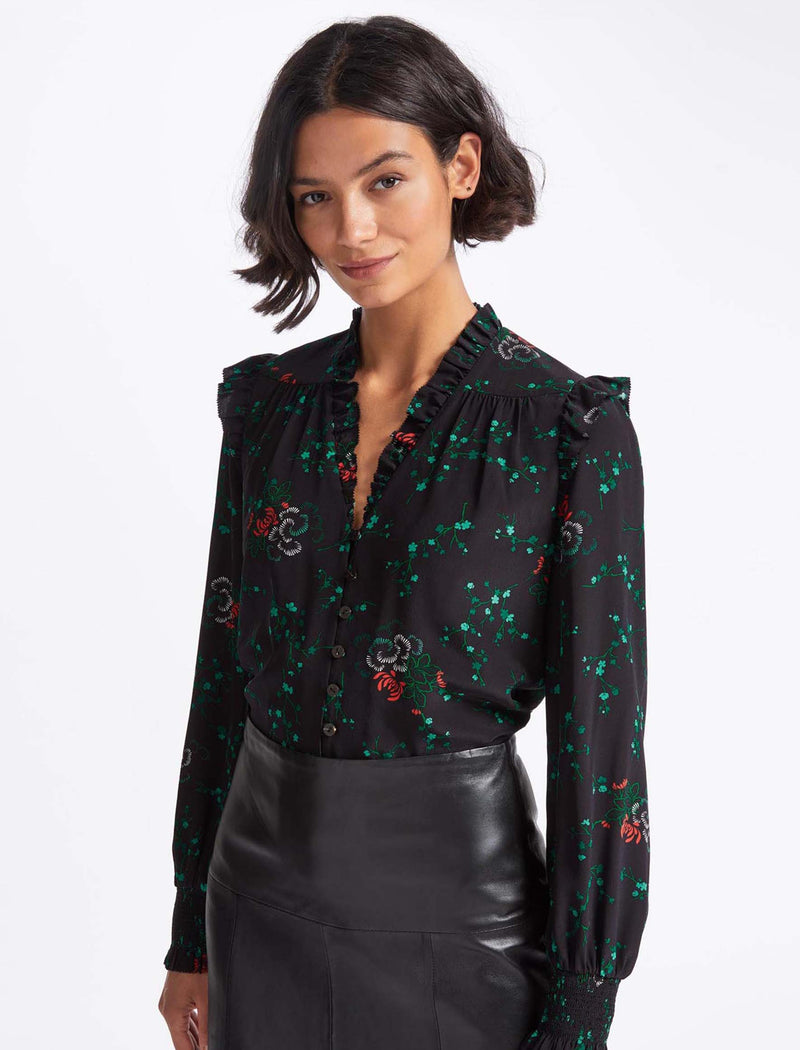 Stella Silk Shirt - Black Lotus Print