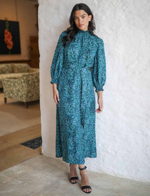 Rosamund Silk Blend Maxi Dress - Turquoise Blue Leopard Pansy Print