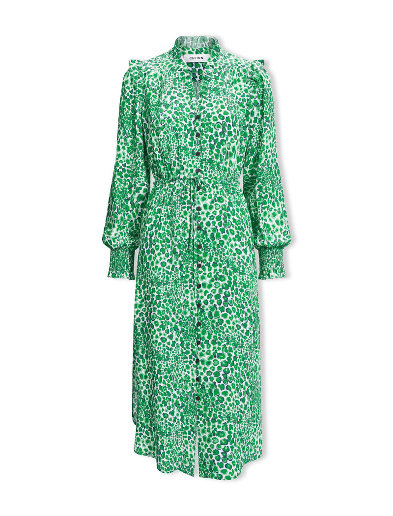 Stella Silk Midi Dress - White Green Leopard Pansy Print